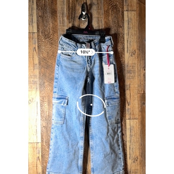 Justice Girls Denim Cargo Pants Size 6 Light Wash Pockets Adjustable Waist Jeans - Picture 4 of 6